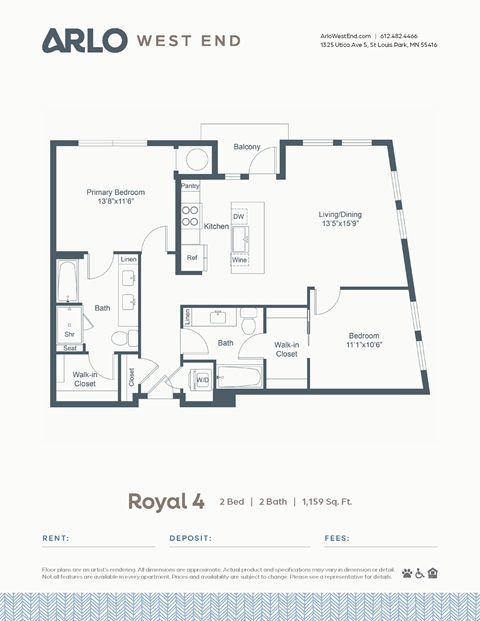 Floor plan for 2 beds, 2 baths, 1159 sqft